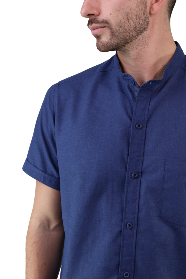 Camisa Look De Lino Manga Corta Azul Marino Cuello Mao Slim Fit Hombre
